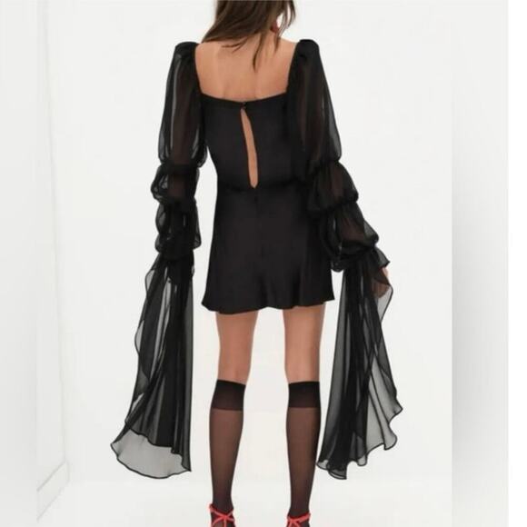 For Love & Lemons Willow Mesh Statement Sleeve Draped Mini Dress Black NWT XS - Picture 2 of 9